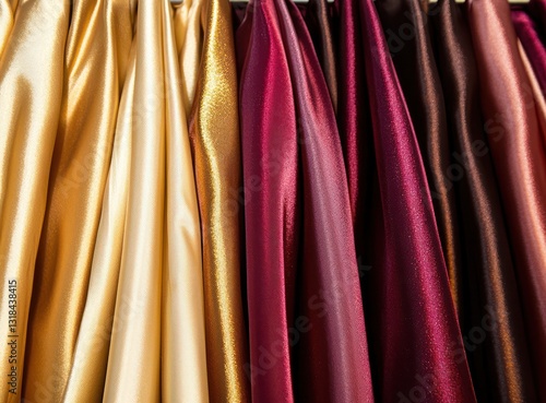 Top view of chiffon fabric in shades of turquoise to plum, elegantly arranged on a rack.