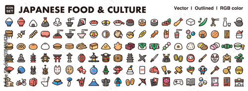 Japanese food and culture illustration icon set.Simple vector outlines, clipart for graphic design.