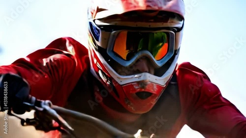 Extream biker in helmet with Riding a bicycle, dust spreads