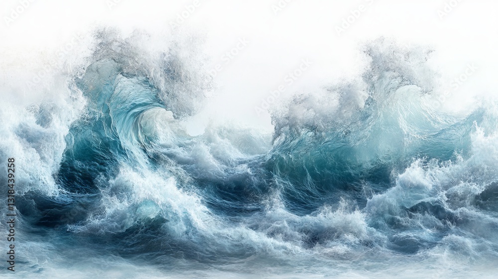 Fototapeta premium The scene portrays a calm landscape where deep blue ocean waves meet a white foam-covered shore, all set against a broad white background that emphasizes the tranquil beauty of the natural setting