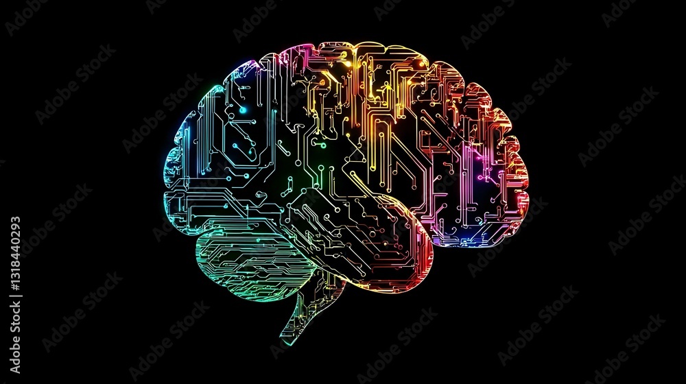brain with artificial intelligence neon colors