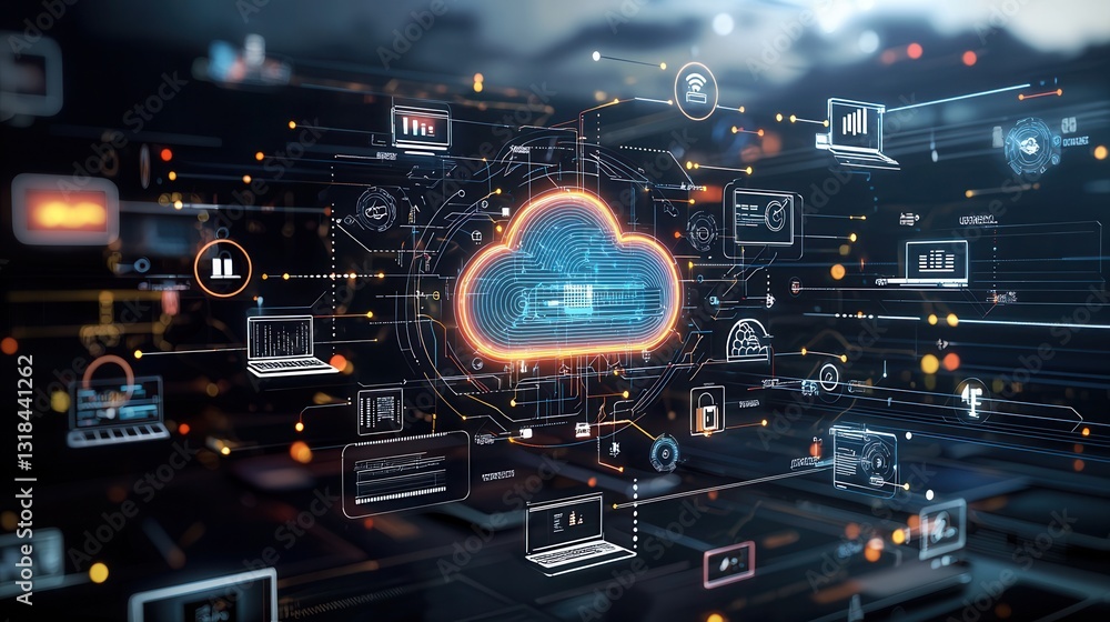 Futuristic neon styled digital artwork depicting a multi layered cloud computing ecosystem with various interconnected digital elements representing the technology innovation Futuristic neon styled digital artwork depicting a multi layered cloud computing ecosystem with various interconnected digital elements representing the technology innovation