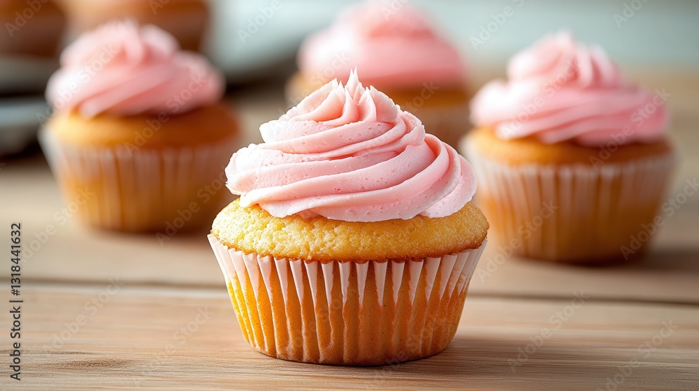 Delicious Vanilla Cupcake with Pink Frosting on Wooden Table Delicious Vanilla Cupcake with Pink Frosting on Wooden Table