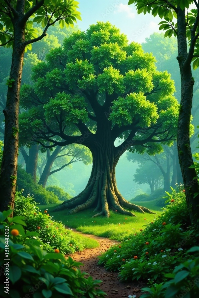 Fototapeta premium Lush green forest with a large tree in the center, wilderness, nature, trees