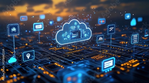 Wallpaper Mural Futuristic network driven showcasing a holographic cloud computing system with advanced data storage communication and analytics capabilities Torontodigital.ca