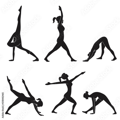 Collection of Young Women Doing Yoga Exercises, Yoga Poses Vector Illustration