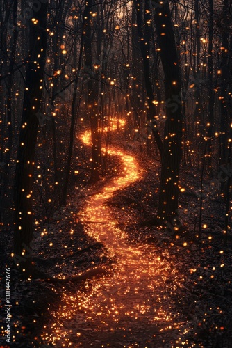Illuminated path through dark woods creates a magical atmosphere at twilight