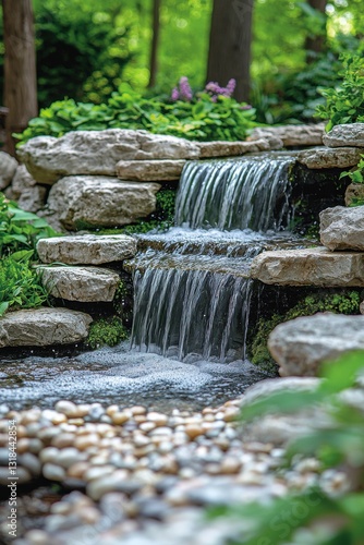 Serenity of a flowing waterfall surrounded by lush greenery in a tranquil garden setting