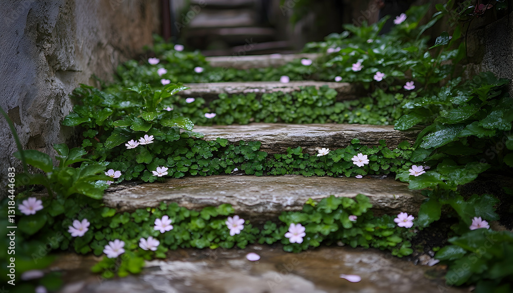 Obraz premium Stone Steps Covered With Small Pink Flowers