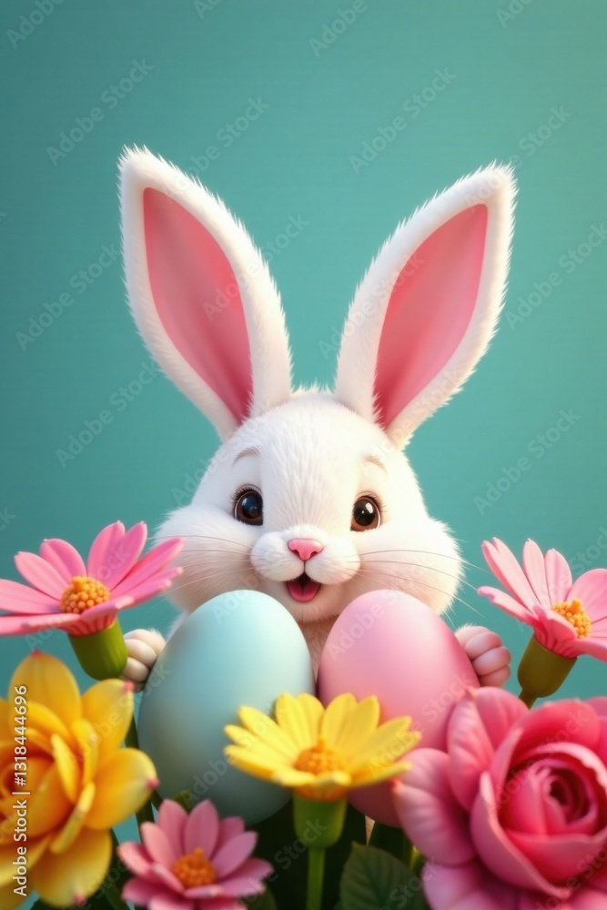 Obraz premium A pair of cute bunny ears with eggs peeking out from behind a bouquet of colorful flowers , cute, meadow, flowers