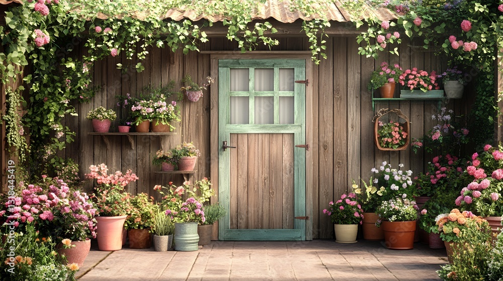 Obraz premium Charming Rustic Wooden Shed Garden Door Flowers Plants pink home green bloom house decor