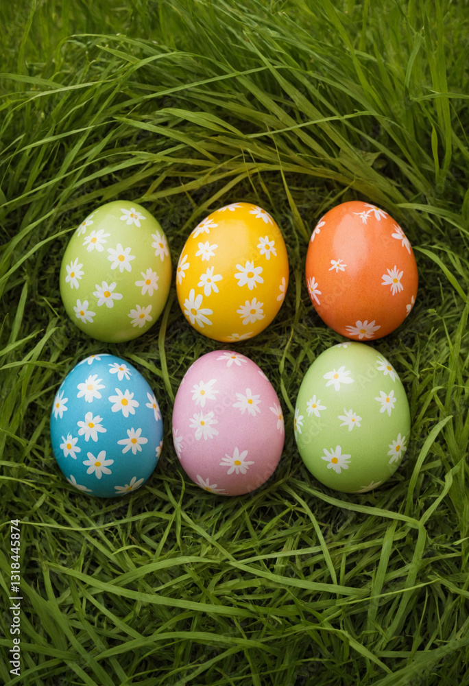 Easter colorfull eggs with flower pattern in the green grass background on sunny day. Happy Easter. Holiday decoration for spring banner, poster, greeting card or invitation with copy space.
Easter colorfull eggs with flower pattern in the green grass background on sunny day. Happy Easter. Holiday decoration for spring banner, poster, greeting card or invitation with copy space.