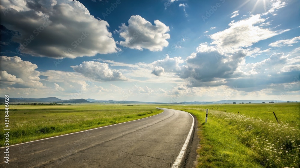 A winding asphalt road leads through a vast green field under a bright blue sky with fluffy clouds, sunlight filtering through the clouds, casting a warm glow on the scene. A winding asphalt road leads through a vast green field under a bright blue sky with fluffy clouds, sunlight filtering through the clouds, casting a warm glow on the scene.