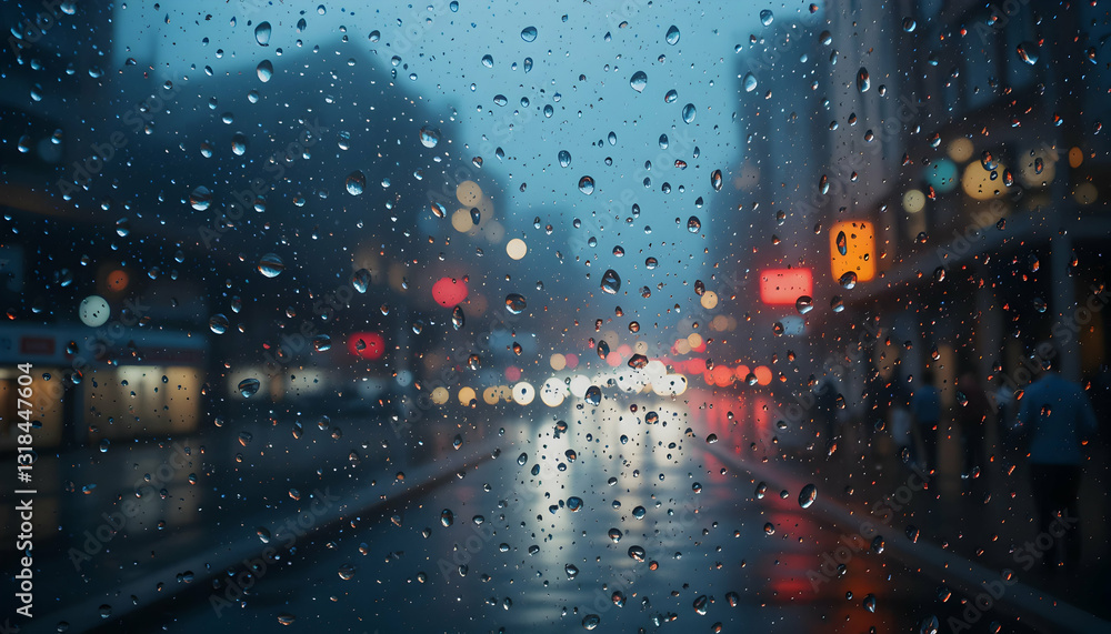 Obraz premium Rainy City Night Blurred Lights Raindrops