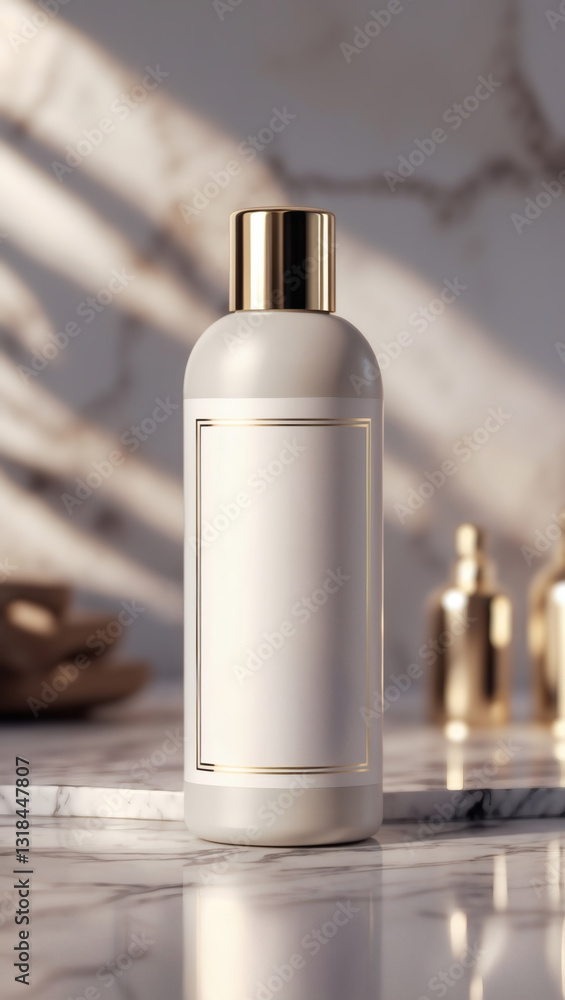 Elegant bottle featuring minimalist design with a golden cap and trim, set against a marble backdrop with soft, diffused light. Elegant bottle featuring minimalist design with a golden cap and trim, set against a marble backdrop with soft, diffused light.