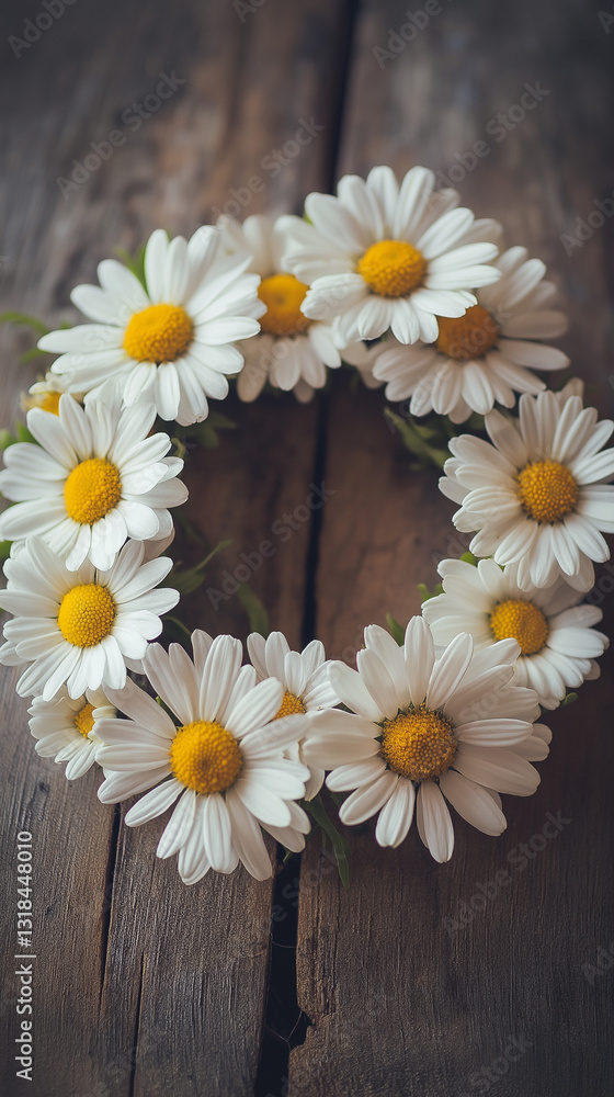 Obraz premium Delicate Daisy Wreath on Rustic Wooden Surface 