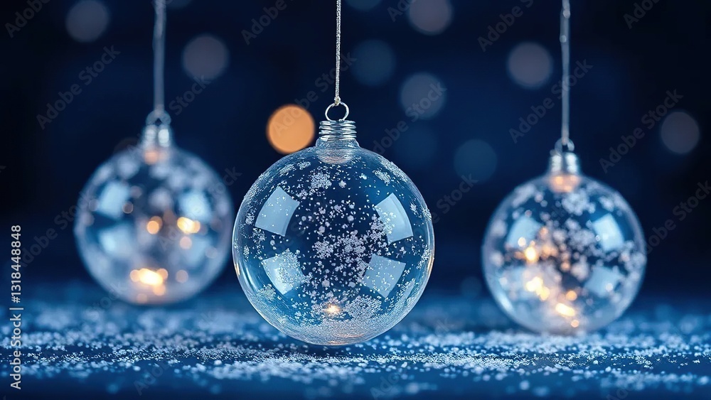 Obraz premium Decorative glass balls with sparkling dust on a dark blue background, shimmering, snowflake