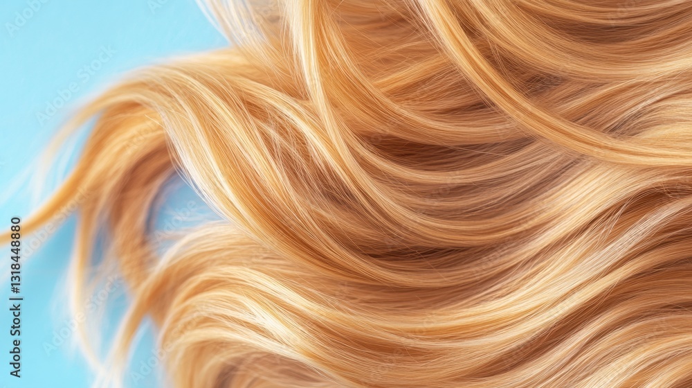 Soft golden hair cascades elegantly against a soothing blue background, showcasing vibrant color and smooth texture with flowing waves Soft golden hair cascades elegantly against a soothing blue background, showcasing vibrant color and smooth texture with flowing waves