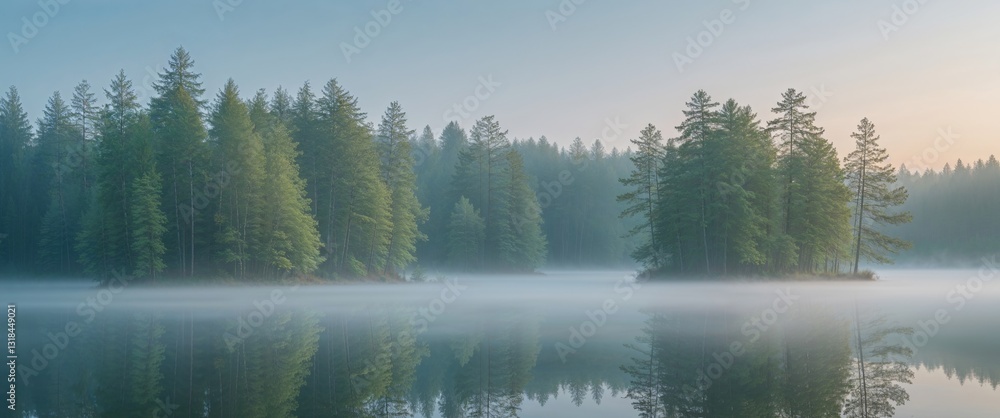 Tranquil early morning mist over a serene lake surrounded by tall evergreen trees. Tranquil early morning mist over a serene lake surrounded by tall evergreen trees.