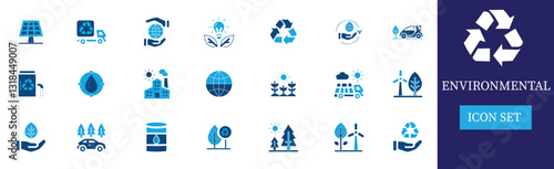 This environmental icon set includes 21 vector icons in blue and cyan, representing sustainability, recycling, clean energy, and nature. Perfect for websites, apps, and eco-friendly projects