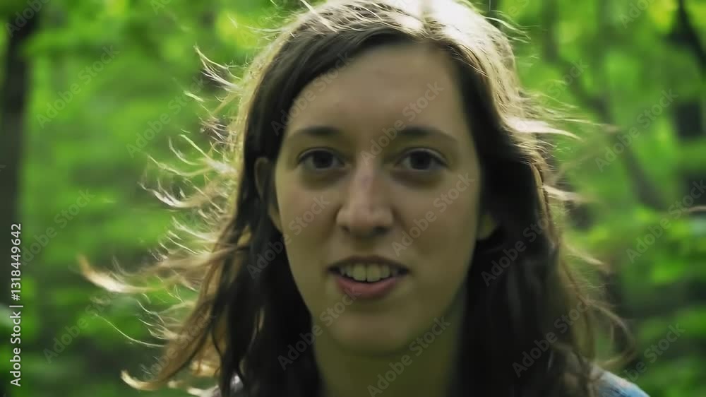 A Young Caucasian Woman with Long Hair Smiling in a Lush Green Forest During Daytime, Capturing the Essence of Nature and Serenity A Young Caucasian Woman with Long Hair Smiling in a Lush Green Forest During Daytime, Capturing the Essence of Nature and Serenity