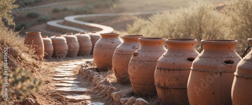 Rows of clay wine vats partially buried in soil beside stone path. photo