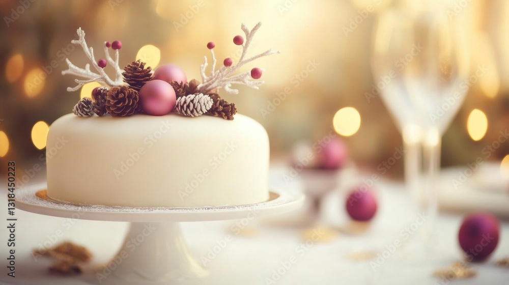 A stunning cake with pine cones and pink ornaments glows on a festive table, ideal for warm winter gatherings A stunning cake with pine cones and pink ornaments glows on a festive table, ideal for warm winter gatherings