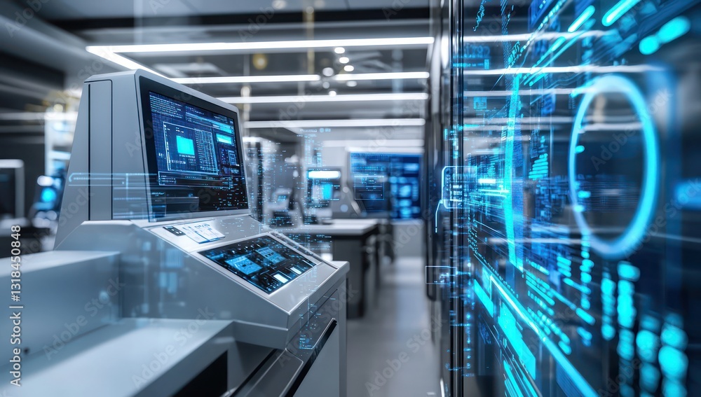 Fototapeta premium Digital infrastructure and advanced security in a conceptual high-tech bank.