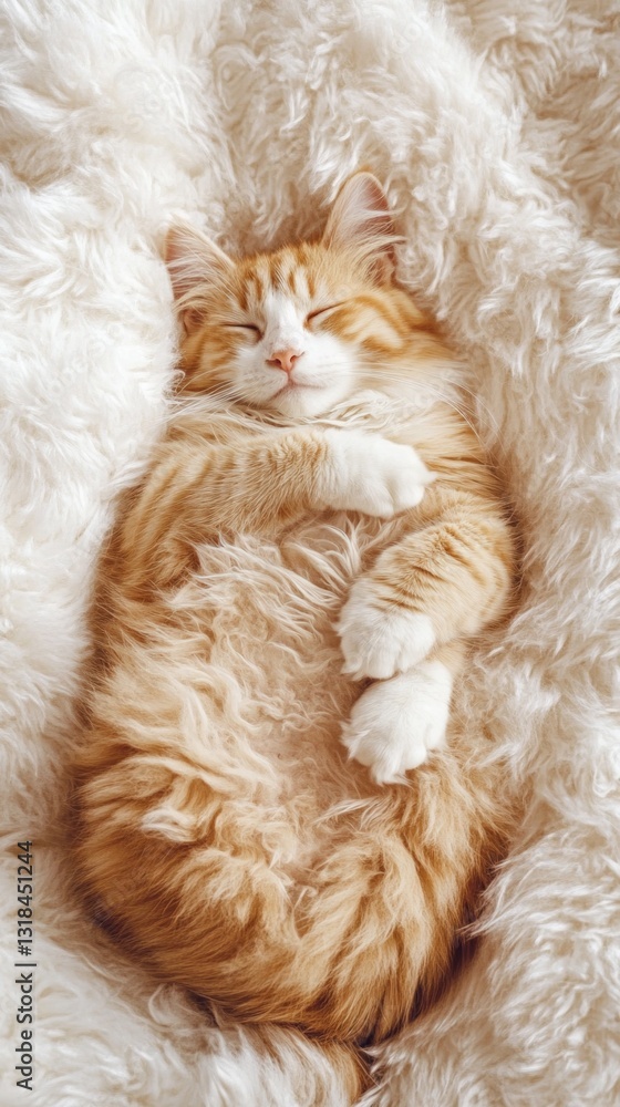 Relaxing Ginger Cat Sleeping on Soft White Fur Blanket Relaxing Ginger Cat Sleeping on Soft White Fur Blanket