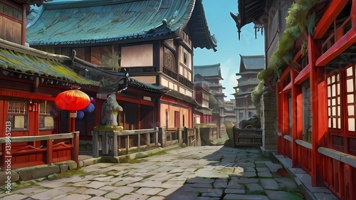 ゲーム背景　古代日本の街なみと神社がある観光都市風景