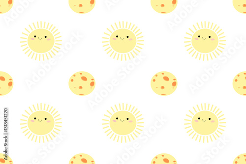Beautiful seamless pattern of cute child character. Smiling yellow sun on  white background. Full round moon, with meteorite craters on surface. An anthropomorphic smiling face.