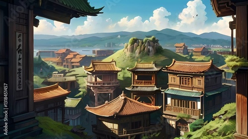ゲーム背景　古代中国の街なみがある風景