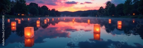 Delicate lanterns float on a serene lake at dusk, sky, reflection