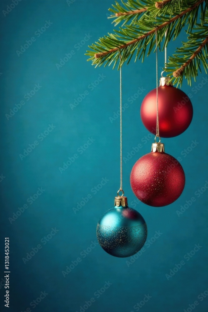 Ornaments hanging from a branch on blue background, snowflake pattern, holiday decorations, festive lights Ornaments hanging from a branch on blue background, snowflake pattern, holiday decorations, festive lights
