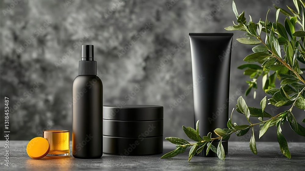 Elegant Black Skin Care Bottles with Green Leaf on Gray Background Elegant Black Skin Care Bottles with Green Leaf on Gray Background