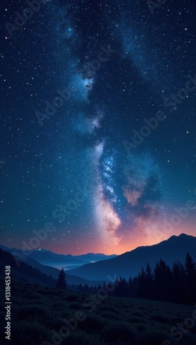 Beautiful serene starry night sky with bright constellations and glowing galaxies, glows, stellar nursery