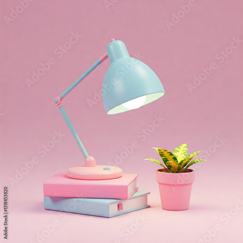 3D digital illustration table lamp and a small potted plant.eps