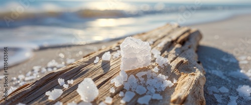 Natural sea salt crystals resting on a weathered piece of driftwood by the shore during a sunny day