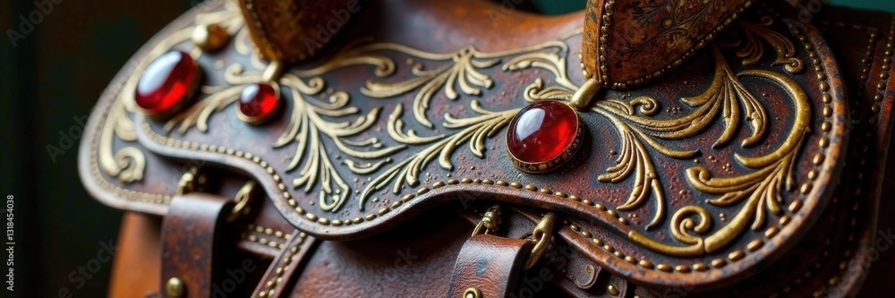 Obraz premium Ornate western saddle decoration featuring gold filigree and red stones, country style, rustic details, equestrian themes