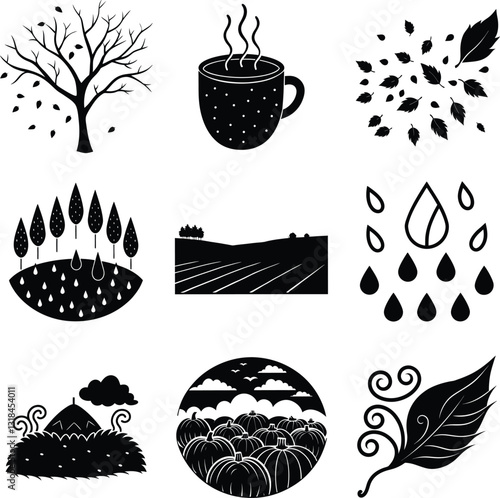 Autumn Icons Bare Trees, Falling Leaves, Hot Drink, Rain, Pumpkins