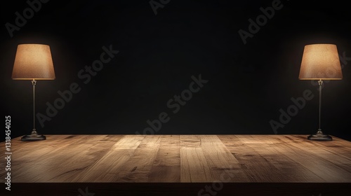 Dark empty room, wooden table, blurred walls, lamps view at night