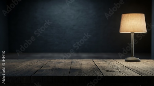 Dark empty room, wooden table, blurred walls, lamps view at night