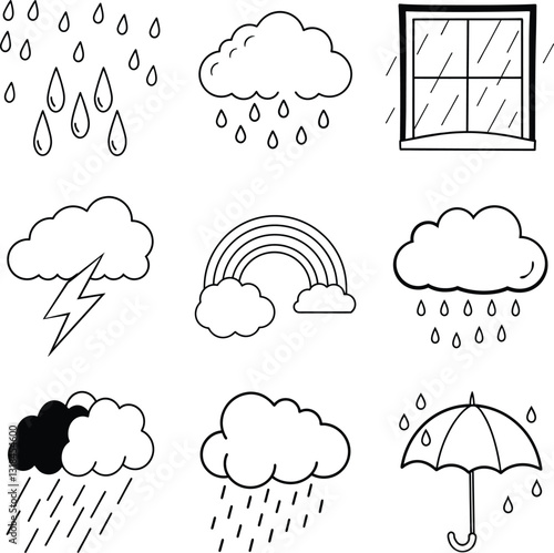 Weather Icons Rain, Clouds, Storm, Rainbow, Umbrella, Window