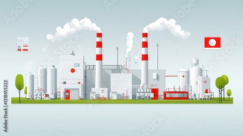 A simple and eye catching minimalist flat style depicting an industrialized urban cityscape with tall skyscrapers factories chimneys and environmental elements like trees and clouds