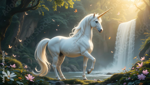 Majestic Unicorn Waterfall Fantasy Art