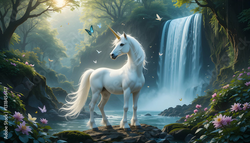 White Unicorn Waterfall Fantasy Art