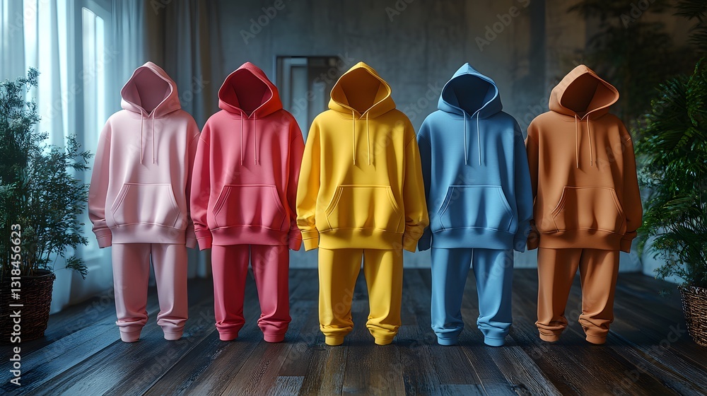 A flat-lay hoodie and sweatpants mockup in multiple colors, arranged for a stylish presentation, 3D rendering A flat-lay hoodie and sweatpants mockup in multiple colors, arranged for a stylish presentation, 3D rendering