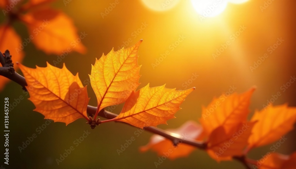 Fototapeta premium Delicate leaves rustle in gentle breeze under bright orange light, branch, sunlight, wind