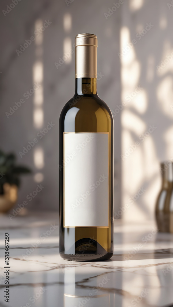 Obraz premium Elegant wine bottle on a marble surface, reflecting luxury and refinement with its sleek design and blank label, ideal for customization.