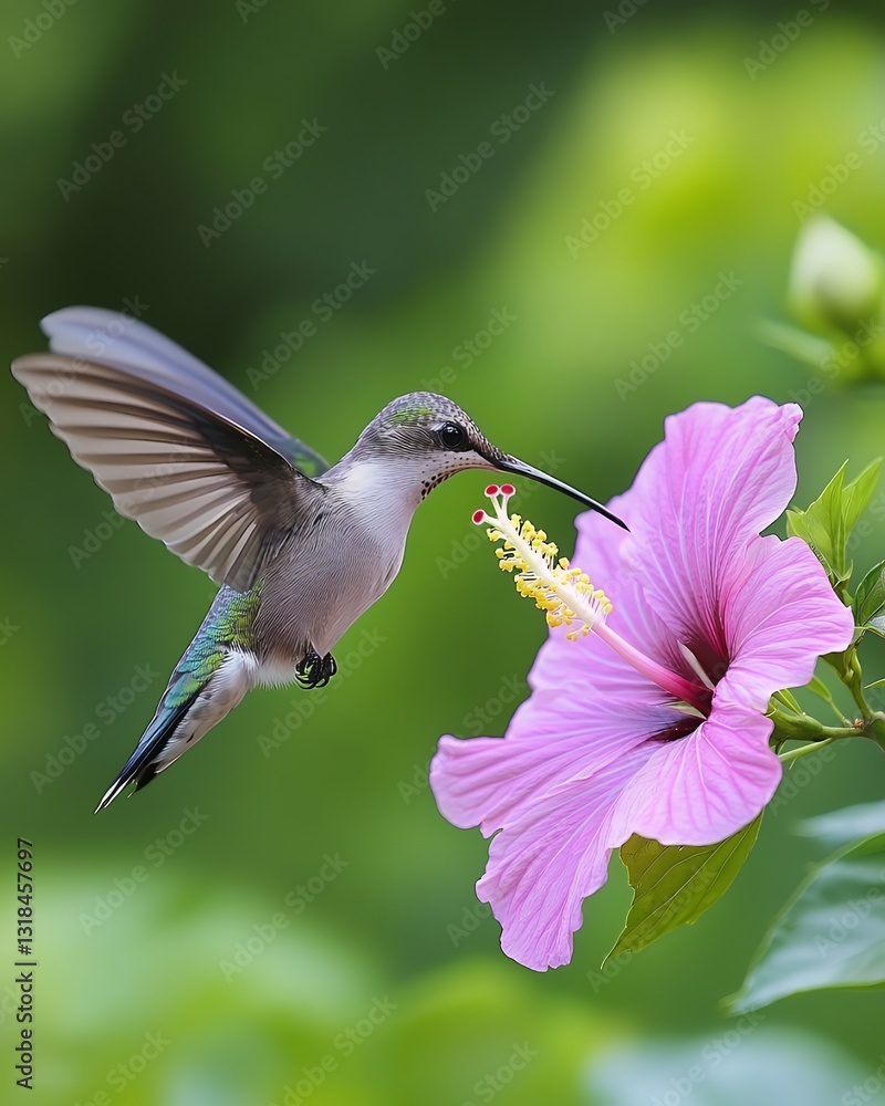 Naklejka premium Hummingbird Feeding on Pink Hibiscus Flower Nature Wildlife Wings Sweet Color Green Image